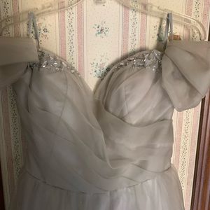 Prom dress, silver with train and rhinestones.